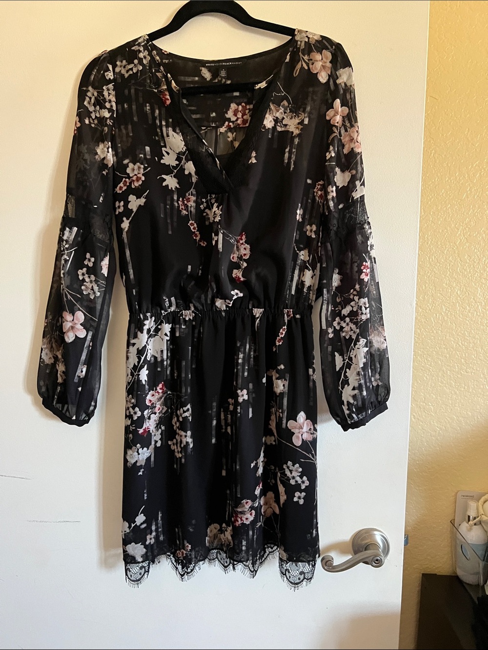 White House Black Market Black Floral Long Sleeve Dress